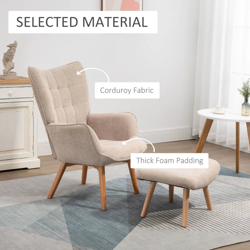 HOMCOM Modern Accent Chair with Ottoman, Living Room Chairs with Steel Frame, Wooden Legs for Living Room, Study, Bedroom and Home Office, Beige