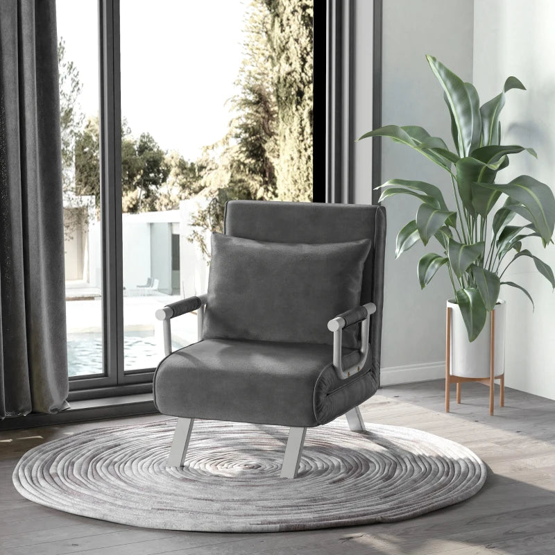 HOMCOM Single Chair Sofa Bed Convertible Detachable Grand Comfort Cushion Metal Armrest Legs Suede Grey