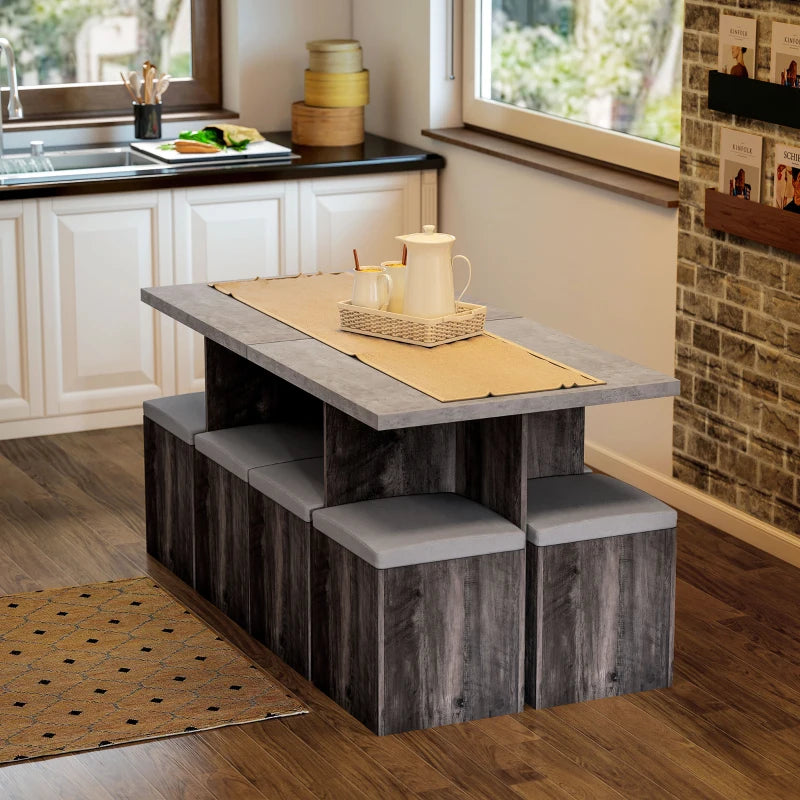 HOMCOM 5 piece Dining Set, Dining Table and 4 Storage Ottoman Stools with Cushions, Space Saving Design, Grey
