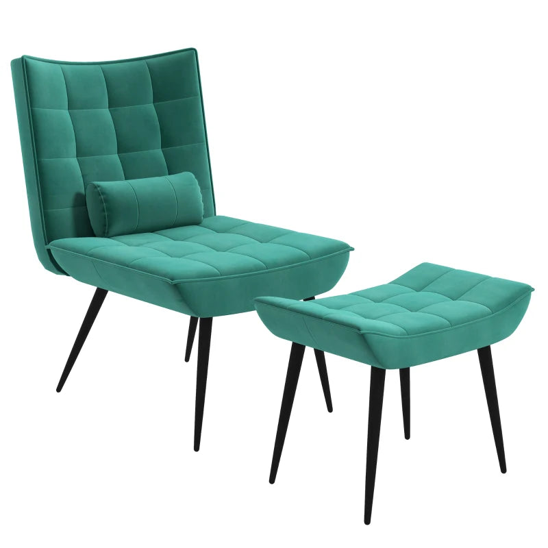 HOMCOM Accent Chair with Footstool Set, Tufted Upholstered Armless Lounge Chair with Pillow and Steel Legs for Living Room, Bedroom, Green