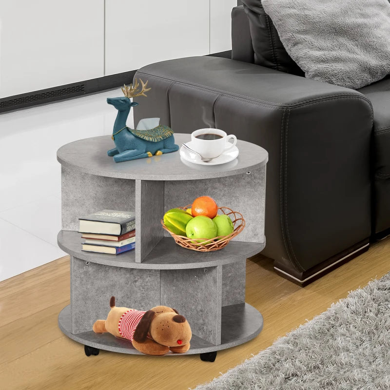 HOMCOM Coffee Table with Wheels, Round, with Storage, 2 Tier, Divider Shelves Lamp Desk Storage