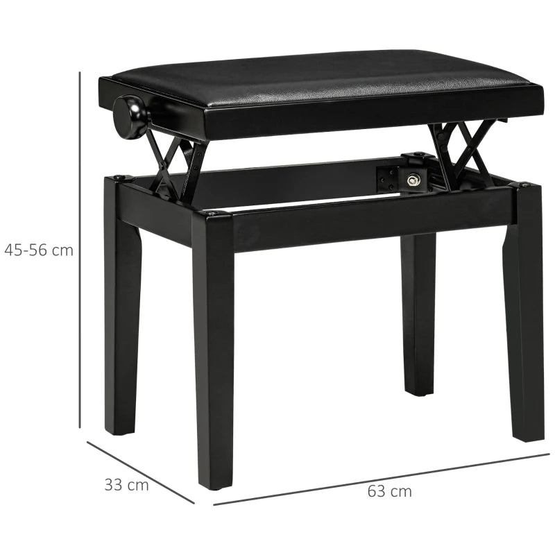 HOMCOM Piano Bench, Piano Stool, Height Adjustable, Elegant High Gloss, Faux Leather+Rubberwood, Black, 63 x 33 x 56cm