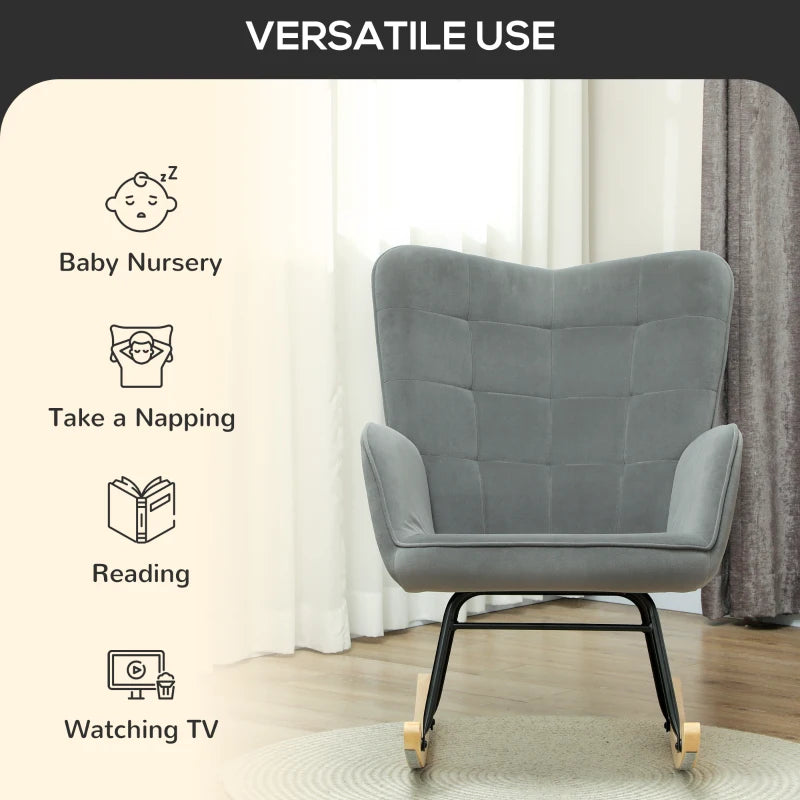 HOMCOM Vintage Rocking Chair, Curved Rockers, Thick Padding, Beechwood & Steel, Dark Gray