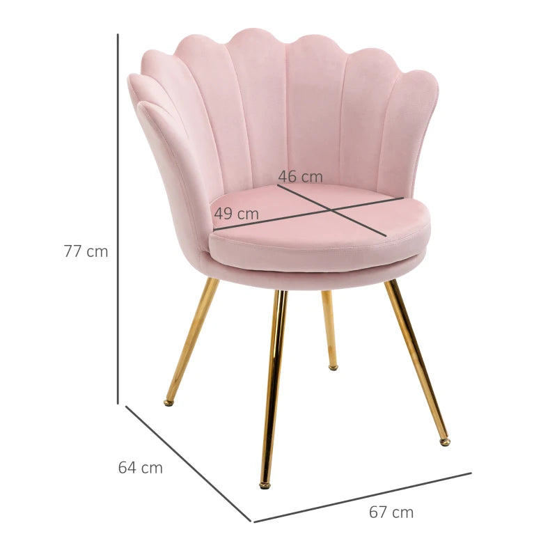 HOMCOM Shell Chair Vanity Chair Velvet Chair Living Room Chair with Golden Metal Legs for Living Room Bedroom and Dining Room 67L x 64W x 77H cm Powder Pink
