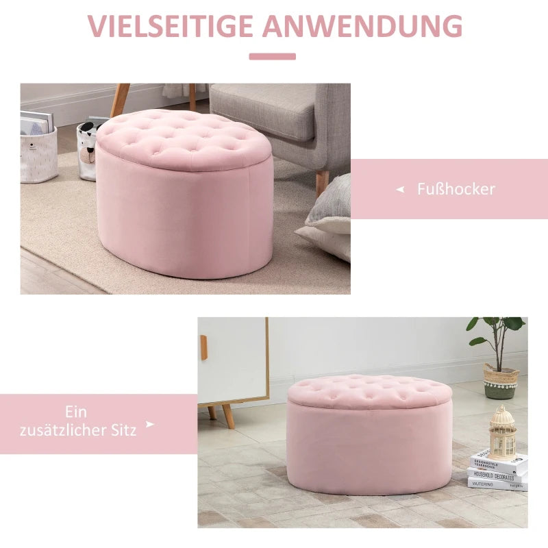 HOMCOM Bench Upholstered Ottoman with Storage Chest Oval Shape Entryway Bedroom Living Room Velvet-like Polyester Pink 71 x 52 x 42 cm