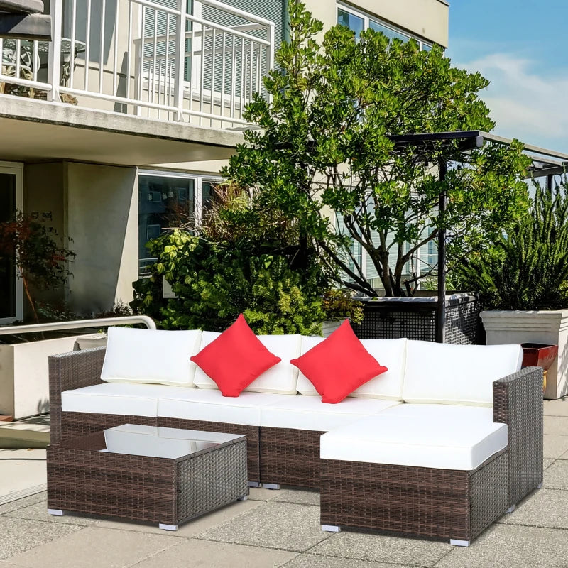 Outsunny 6 Pieces Outdoor Rattan Corner Sofa Set - Patio Aluminium Frame with All-Weather Wicker Conversation Furniture, Coffee Table & Cushions, Cream White