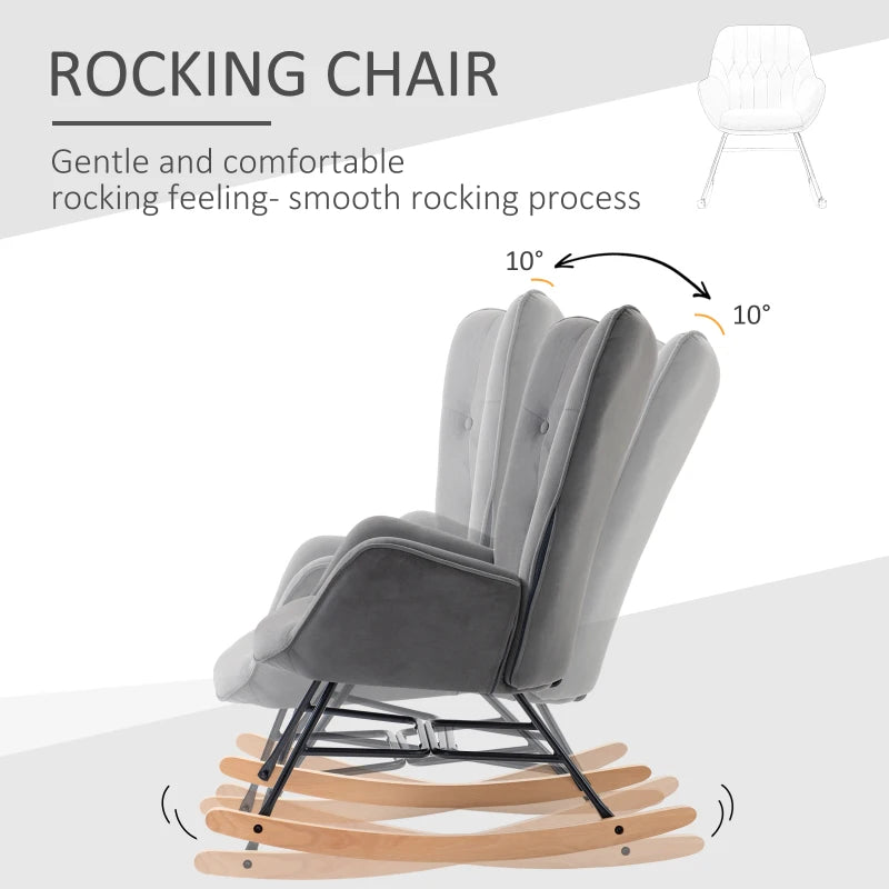HOMCOM Rocking Chair with Steel Frame Upholstered Relax Armchair Lounge Chair Living Room Chair with Padded Seat Velvety Polyester Rubberwood Metal Dark Gray+Natural 65 x 70 x 96 cm