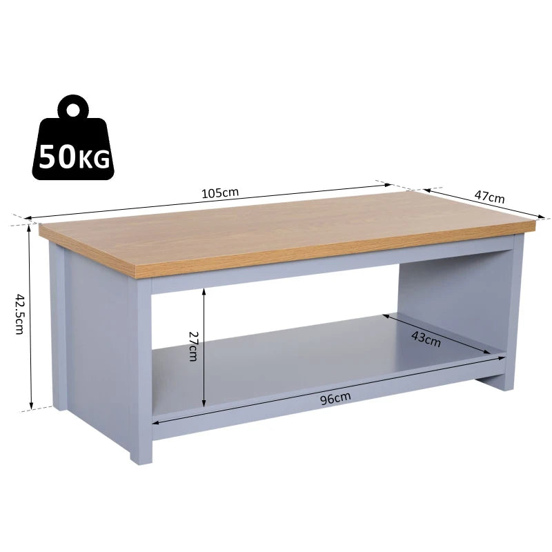 HOMCOM Coffee Table, 2-tier Centre Table with Storage Shelf and Wood Grain Tabletop, Rustic Living Room Table, Grey