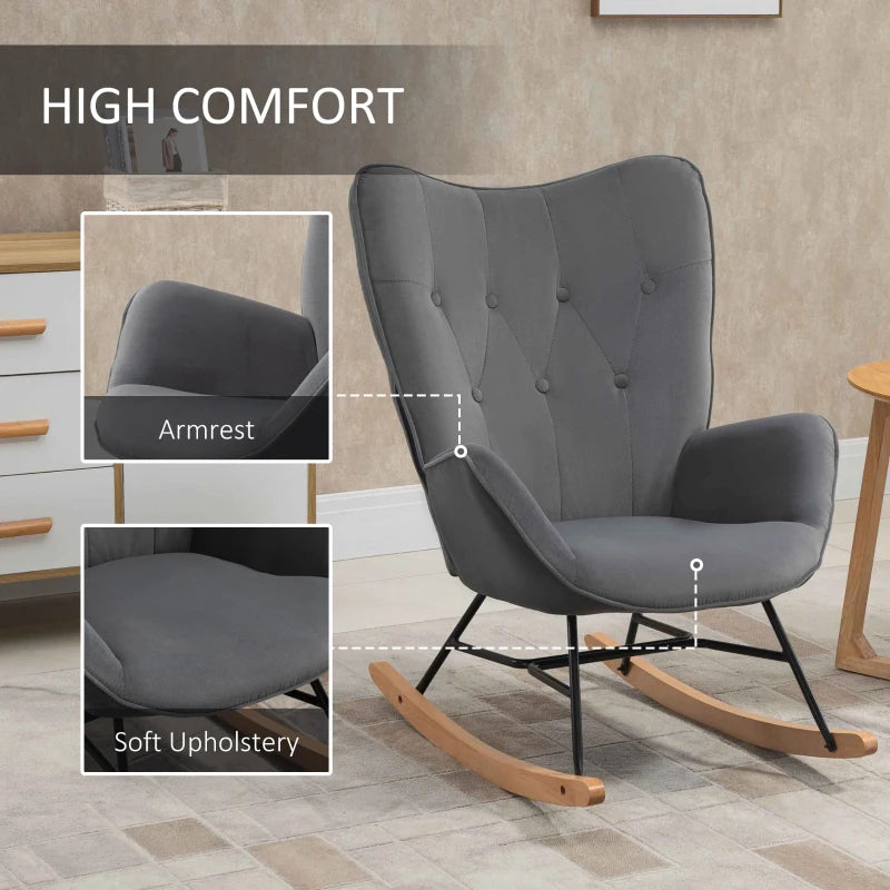 HOMCOM Rocking Chair with Steel Frame Upholstered Relax Armchair Lounge Chair Living Room Chair with Padded Seat Velvety Polyester Rubberwood Metal Dark Gray+Natural 65 x 70 x 96 cm