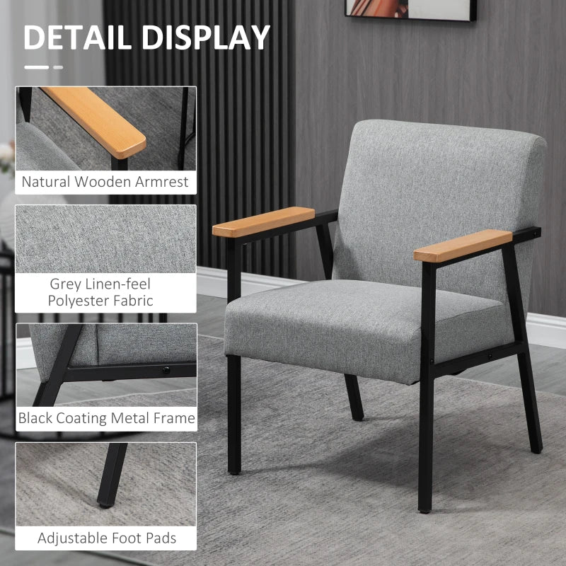 HOMCOM Modern Accent Chair with Cushioned Seat and Back, Upholstered Fireside Chair for Living Room, Comfy Chair with Wood Armrests and Steel Legs, Grey