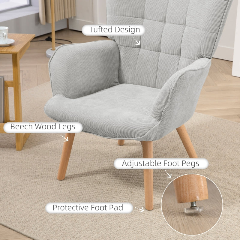 HOMCOM Accent Chair with Ottoman, Recliner in Corduroy Style, Armchair with Wooden Legs, for Living Room, Gray