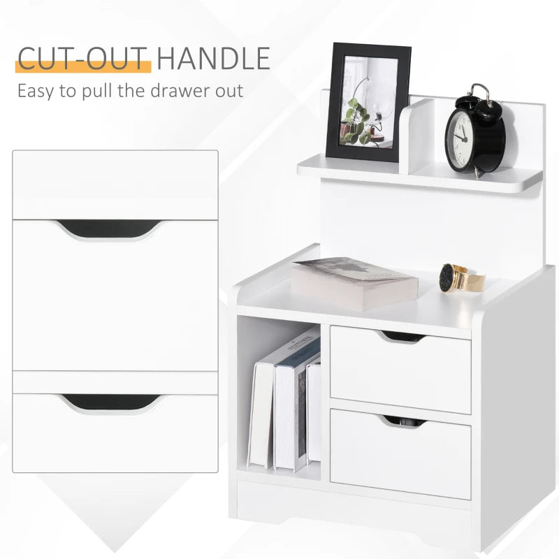 HOMCOM Bedside Table, Small Bedside Cabinet with 2 Drawers and Storage Shelves, Accent Table for Living Room, Bedroom, White