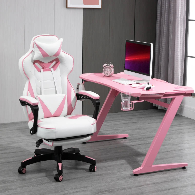 Vinsetto Computer Gaming Chair, Racing Desk Chair with Lumbar Support and Footrest, PU Leather Gamer Chair with Headrest and Swivel Wheels for Home, Pink