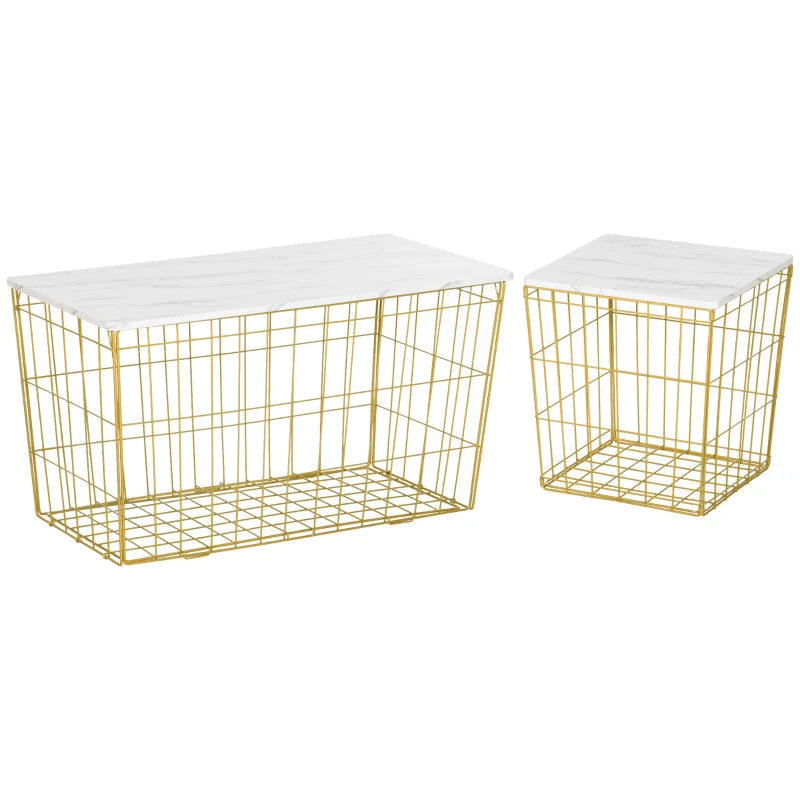 HOMCOM Nest of Tables, End Tables Set of 2 with Faux Marble Top and Wire Metal Frame, Nesting Coffee Tables for Living Room, White and Gold