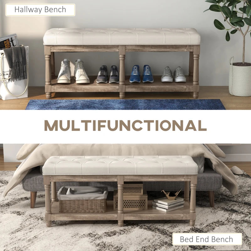 HOMCOM Tufted 2-Tier Shelf Shoe Bench 115 cm End of Bed Linen Upholstered Carved Wood Legs Linen Beige