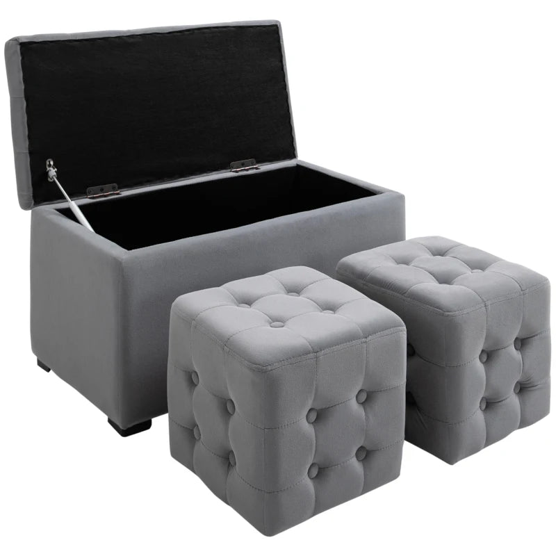 HOMCOM 3-piece storage set, 2 x ottomans, padded storage bench, footstool, storage box, footrest, holds up to 130 kg, microfiber fabric, foam, 75 x 40 x 42 cm, Light Gray