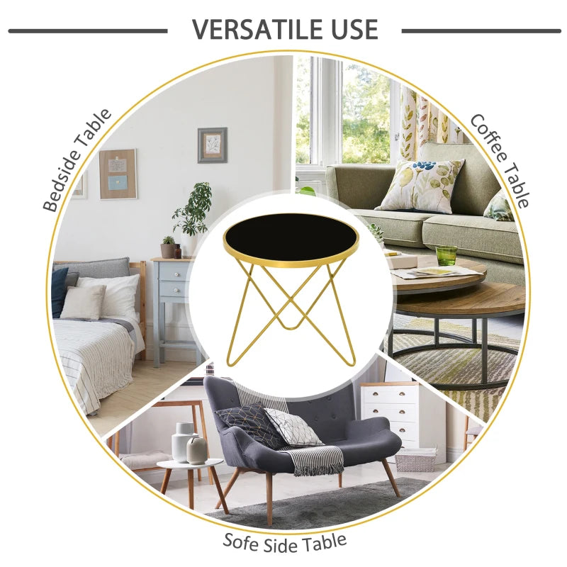 HOMCOM Glass Coffee Table, Round End Side Table, Accent Table with Tempered Glass Top and Golden Metal Legs for Living Room, Bedroom, Black