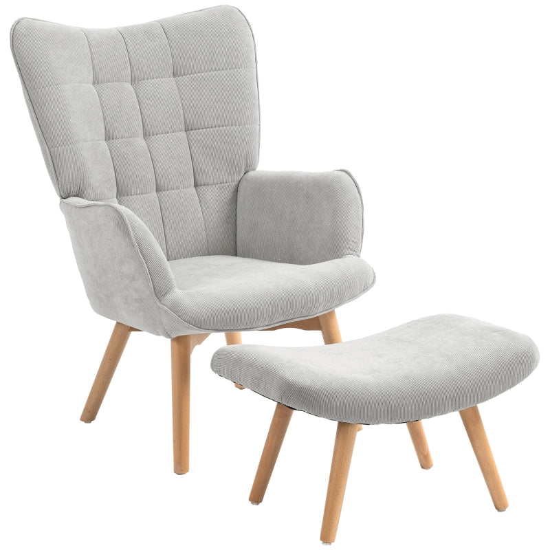 HOMCOM Accent Chair with Ottoman, Recliner in Corduroy Style, Armchair with Wooden Legs, for Living Room, Gray