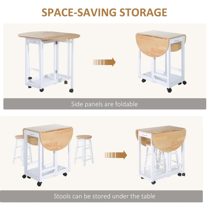 HOMCOM Pine Wood 3-Piece Compact Folding Dining Table with Stools White