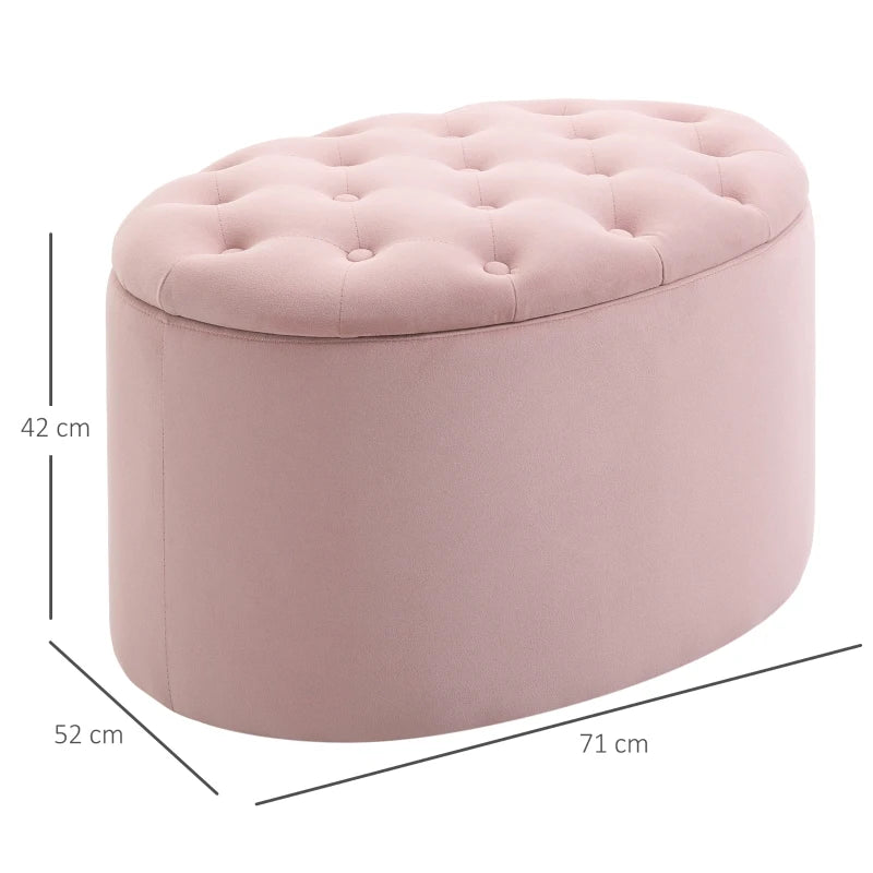 HOMCOM Bench Upholstered Ottoman with Storage Chest Oval Shape Entryway Bedroom Living Room Velvet-like Polyester Pink 71 x 52 x 42 cm