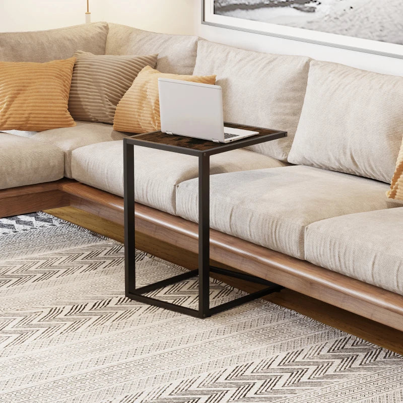 HOMCOM C-Shaped Side Table, Industrial Sofa End Table with Metal Frame and Wood Effect Top, Accent Couch Table for Bedroom, Living room, Rustic Brown