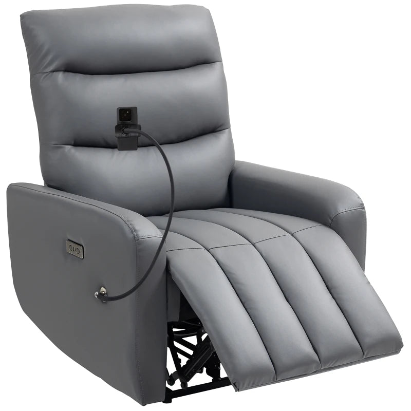 HOMCOM Electric Recliner Armchair with USB + Type C Charge Port, Phone Holder, PU Leather Reclining Chair with Adjustable Leg Rest, Recliner Chair for Home Living Room Theater, Grey