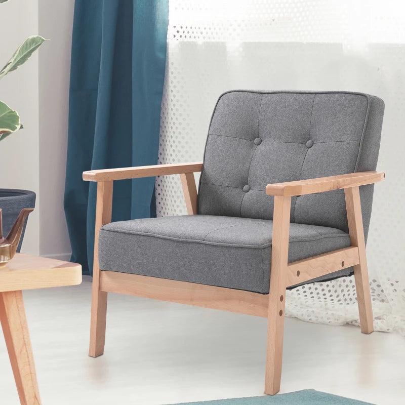 HOMCOM Sitting Chairs for Living Room, Wooden Accent Chair Lounge Armchair Retro Linen Fabric Upholstered w/ Arm Grey