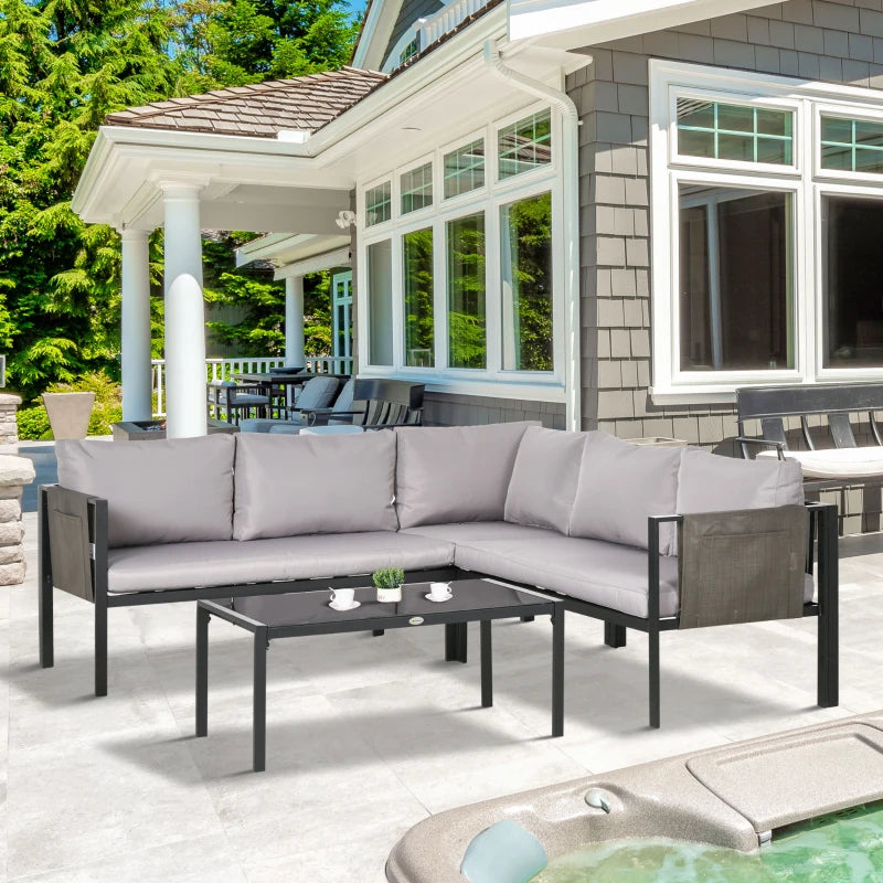 Outsunny 4 Piece Metal Garden Furniture Set, Includes Tempered Glass Coffee Table, Breathable Mesh Pocket, Outdoor Conversational Corner Sofa Loveseat, with Padded Cushions - Light Grey