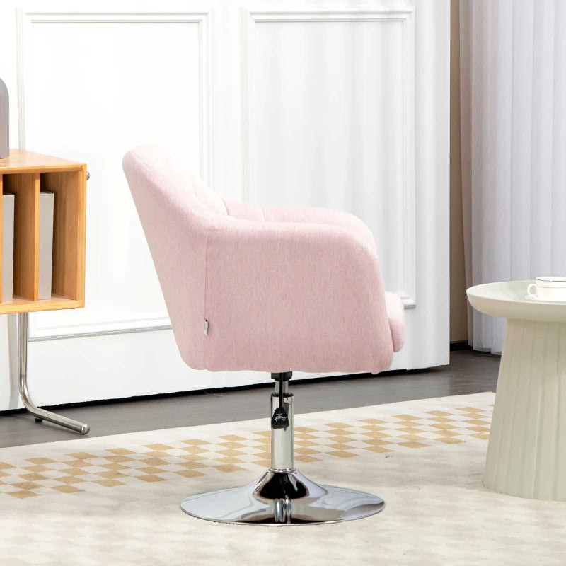 HOMCOM Swivel Linen Fabric Accent Chair for Living Room Contemporary Vanity Armchair with Adjustable Height Thick Cushion Lumbar Support Armrest for Bedroom Office Pink