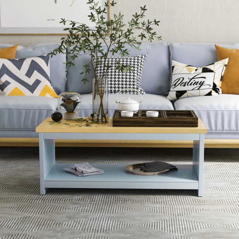 HOMCOM Coffee Table, 2-tier Centre Table with Storage Shelf and Wood Grain Tabletop, Rustic Living Room Table, Grey