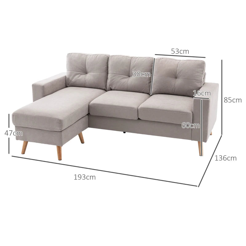 HOMCOM Linen Fabric L Shape Scandinavian Design Corner Sofa 193 cm for Living Room Apartment Small Space Light Gray
