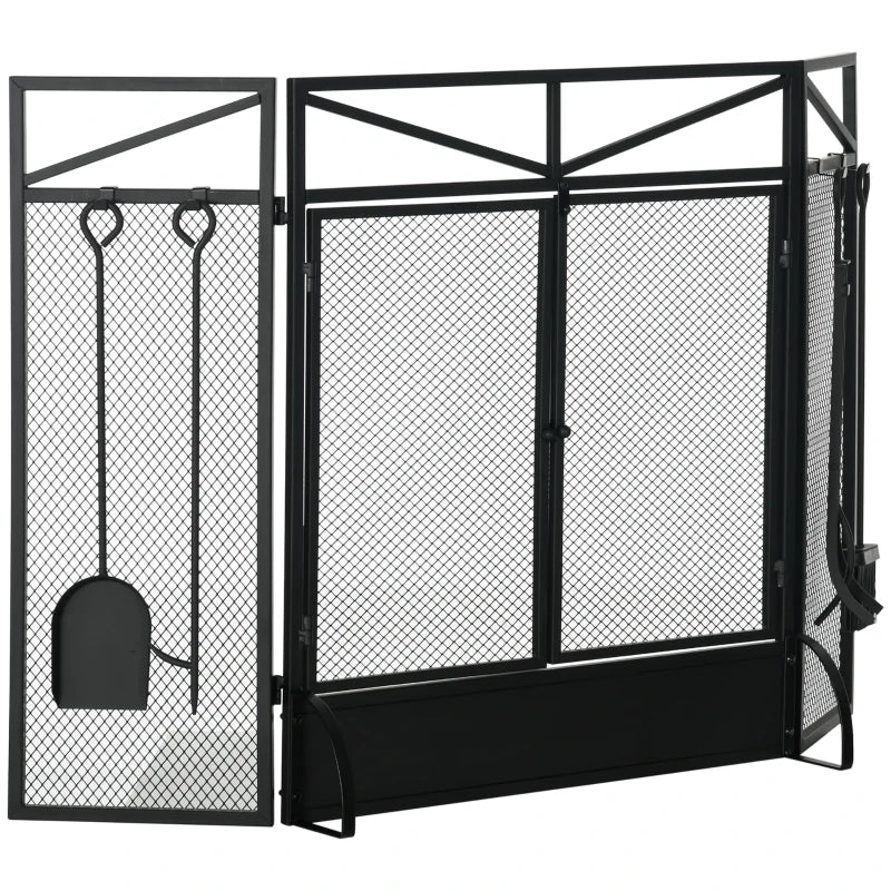 HOMCOM 3 Panel Folding Fire Guard Screen with Fireplace Tool Sets and Front Doors, Freestanding Fire Screen Spark Guard with Feet for Open Fire, Log Burner, Fireplace, 122 x77 cm, Black