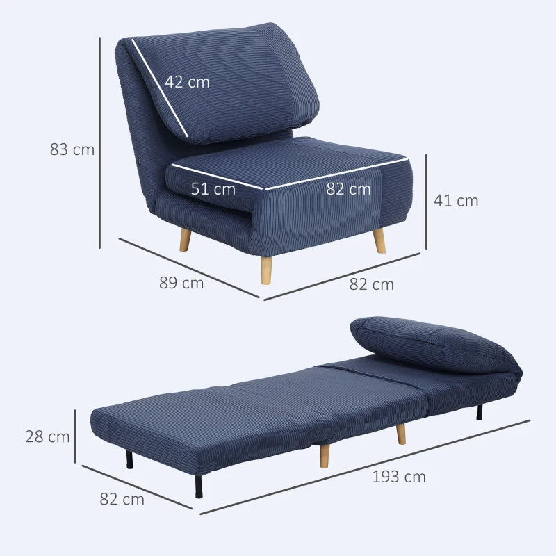 HOMCOM 2-in-1 Sleeper Chair Guest Bed, Adjustable Headrest Corduroy Fabric Blue 82 cm x 89 cm x 83 cm