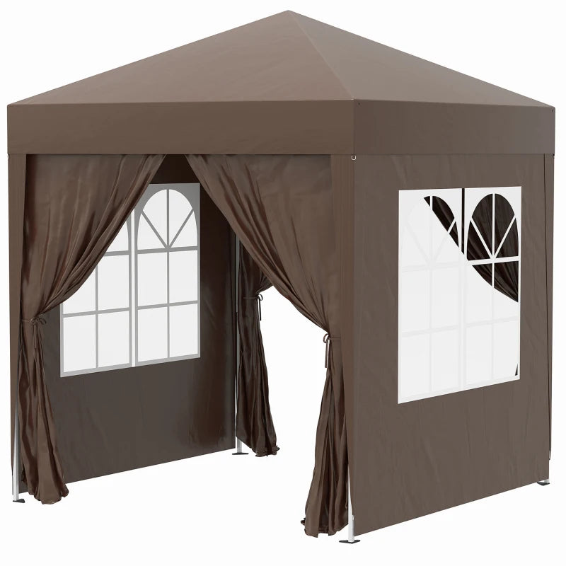 Outsunny 2 x 2 m Garden Pop Up Gazebo, Wedding Party Tent Marquee, Water Resistant Awning Canopy with Sidewalls, Windows, Carry Bag, Coffee