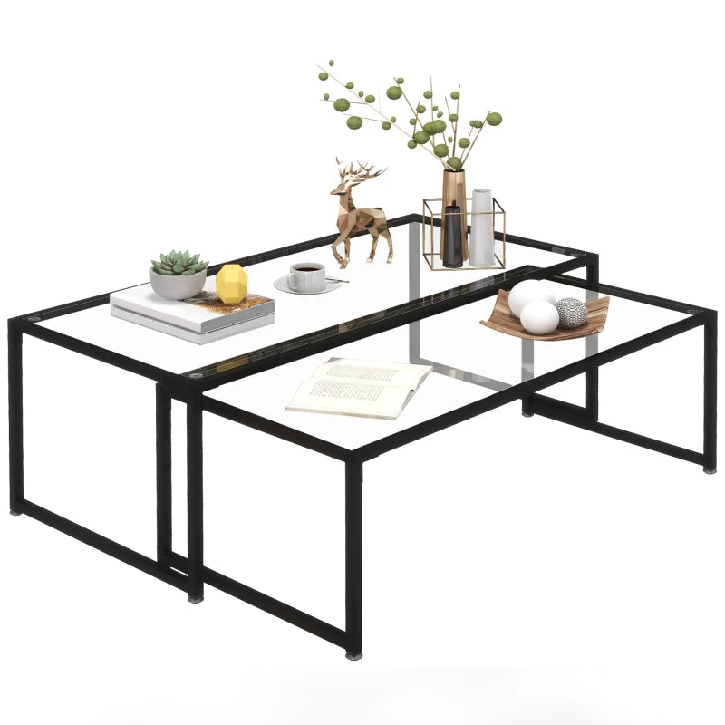 HOMCOM Set of 2 Coffee Tables, Glass Tables, with Powder-Coated Steel, Black + Transparent