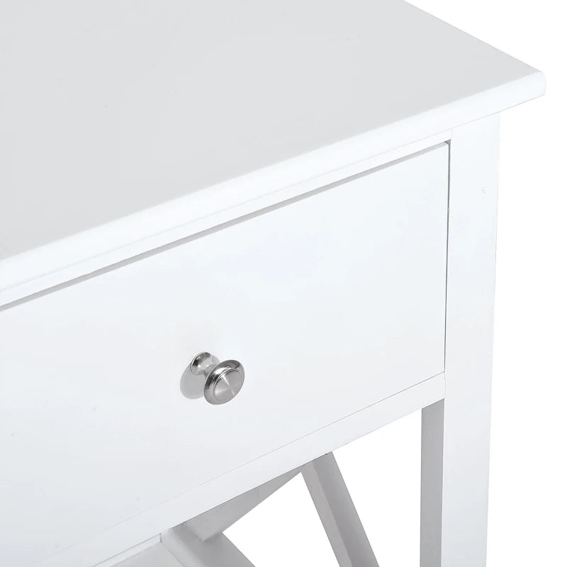 HOMCOM Farmhouse End Table, Sofa Side Table with Drawer, Bottom Shelf and X-frames, Bedside Table for Bedroom, White