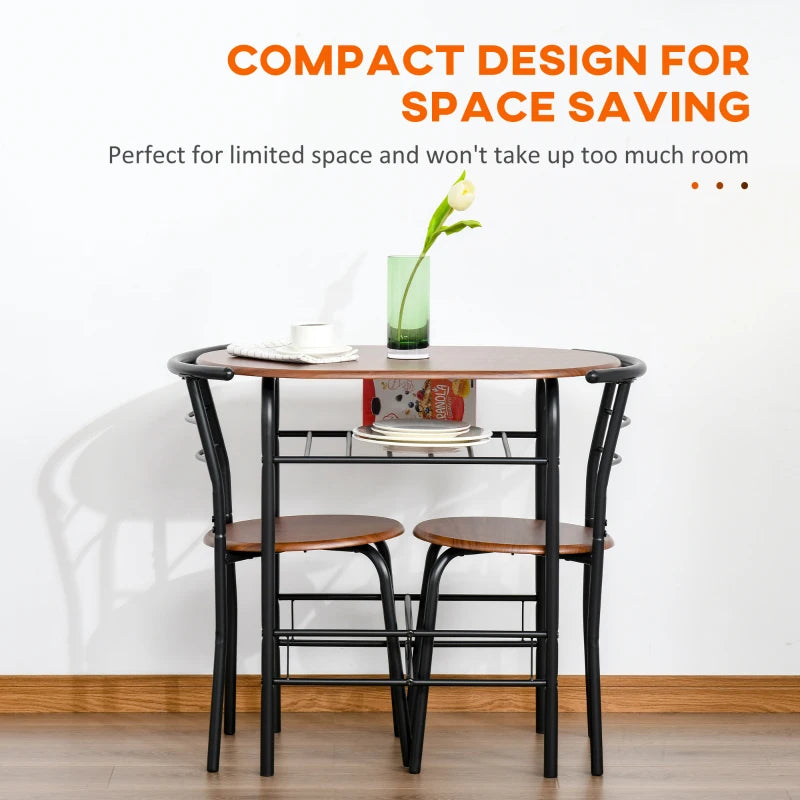 HOMCOM 3-Piece Dining Table Set , Metal Frame Wood Top Breakfast Bar Table Set for 2, Dining Table w/Storage Shelf & 2 chairs