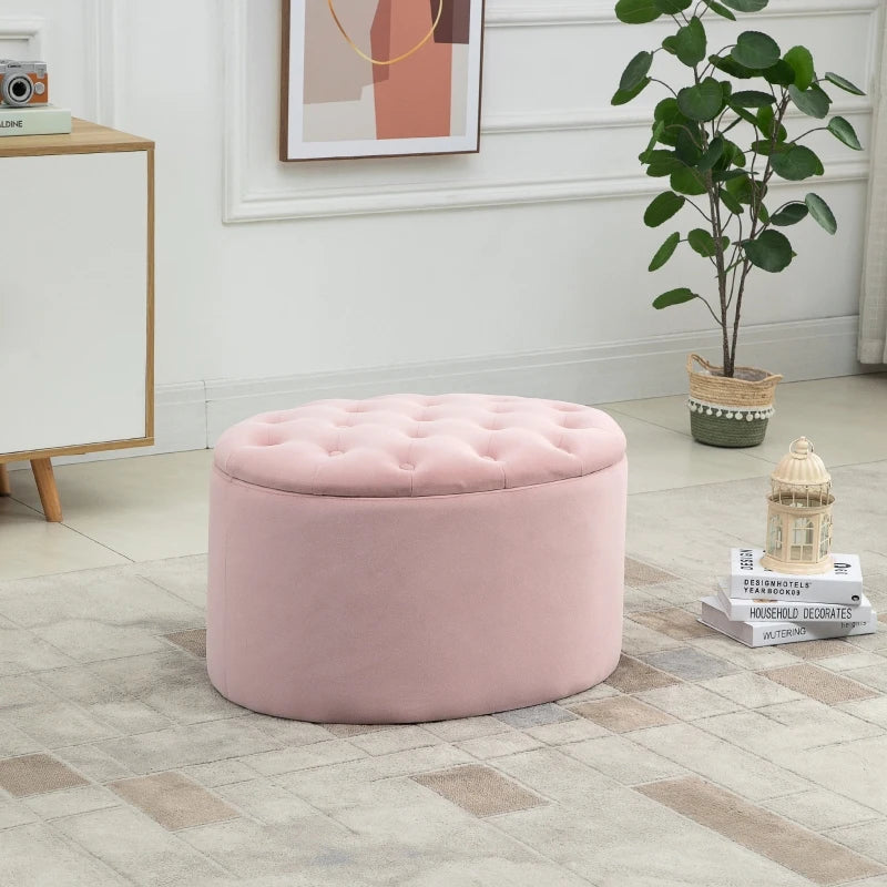 HOMCOM Bench Upholstered Ottoman with Storage Chest Oval Shape Entryway Bedroom Living Room Velvet-like Polyester Pink 71 x 52 x 42 cm