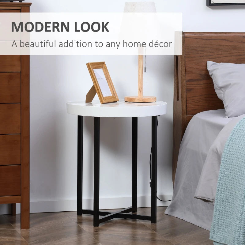 HOMCOM Round End Table with Metal Legs, Modern End Table Bedside Table for Living Room, Bedroom, White