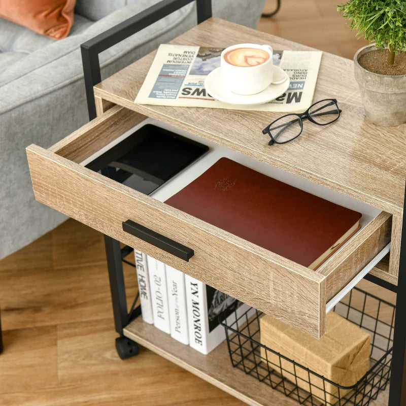 HOMCOM Side Table Serving Trolley with Wheels Kitchen Cart Coffee Table with Drawer Shelf Mobile Particle Board Natural 60 x 30 x 65 cm