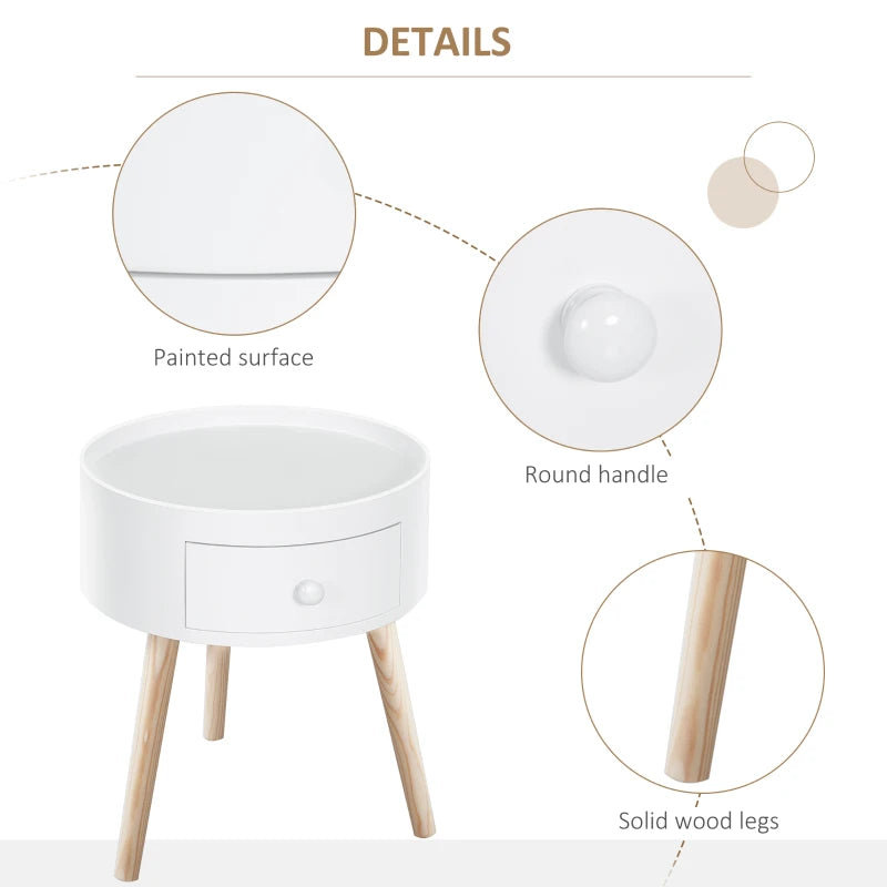 HOMCOM Modern Round Coffee Table Wooden Side Table Living Room Storage Unit w/ Drawer Wood Leg - White