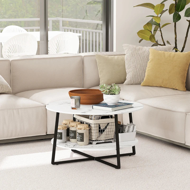 HOMCOM 2-Tier Round Coffee Table with Storage Shelf, Living Room Table with Marble Effect Top and Steel Frame, White