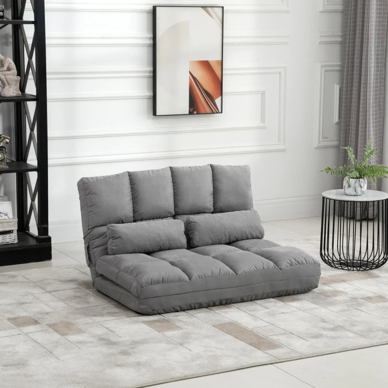 HOMCOM 2-In-1 Floor Sofa Lazy Bed, Folding Couch with 7 Position Adjustable Backrest, Thick Padding, Metal Frame and 2 Pillows, Light Grey