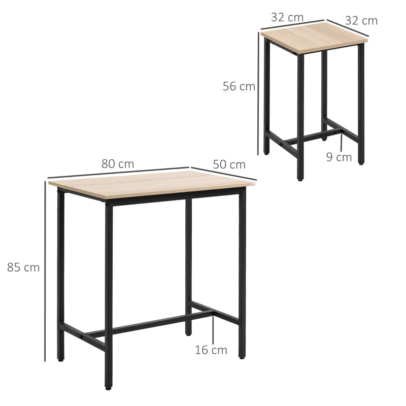 HOMCOM Bar Table Set in Industrial Design, 3-Piece, 1 Table, 2 Stools, Black + Natural
