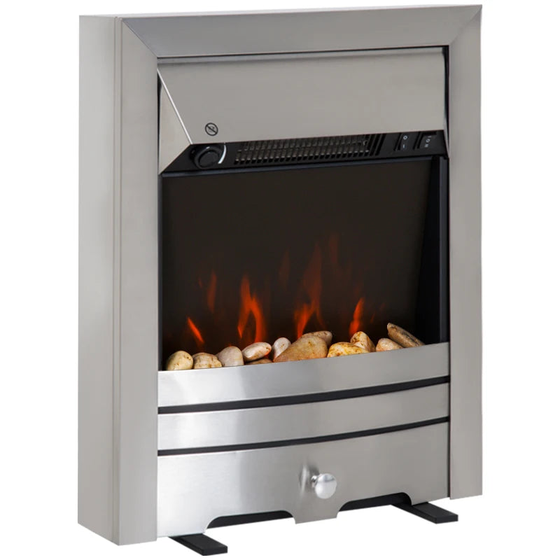 HOMCOM Installing Electric Fireplace, 2000W, Pebble Burning Effect Heater Fire Flame Indoor LED Lighting - Stainless Steel
