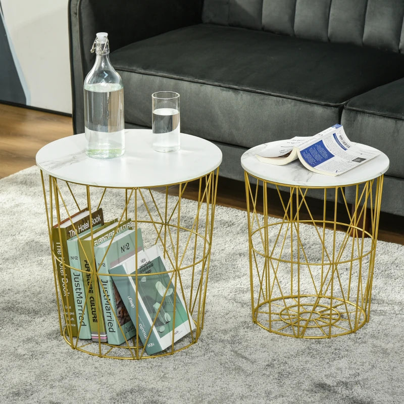 HOMCOM Set of 2 Nesting Side Tables with Storage, Round End Tables Coffee Tables with Steel Frame and Removable Round Top, for Living Room, bedroom, office, White