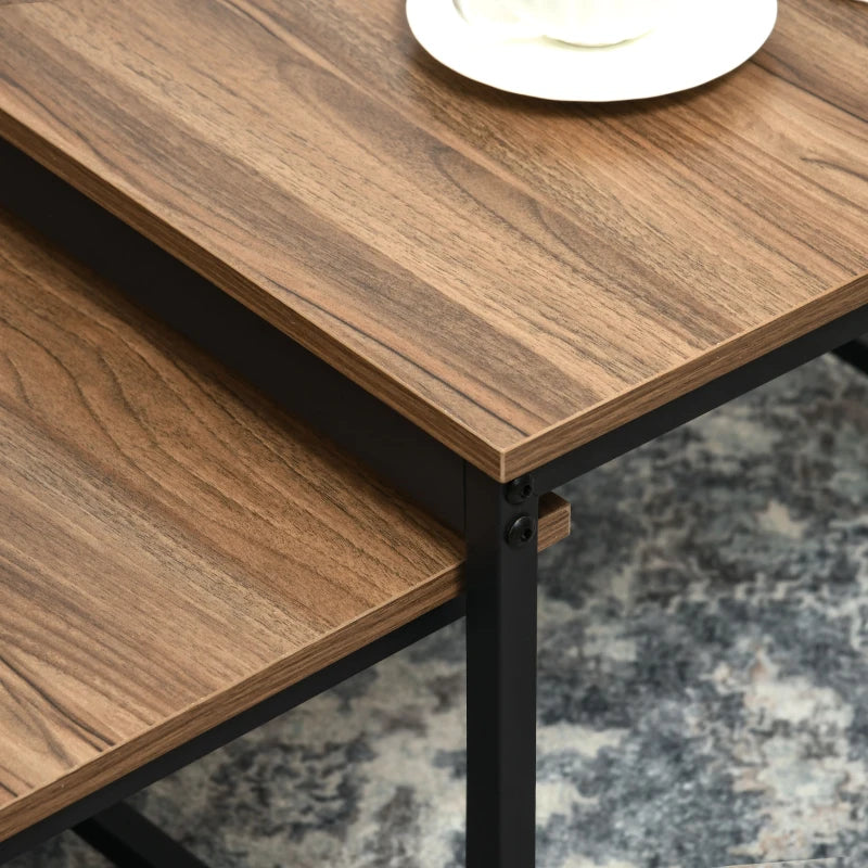 HOMCOM Nesting Table Set of 2 Side Tables, Industrial Design, Black Steel Frame, Wood Grain Look Tabletop