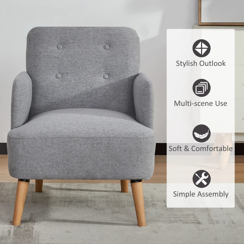 HOMCOM Upholstered Armchair, Living Room Chairs with Birch Wood Legs, Thick Padding and Button Mid-Back, Grey