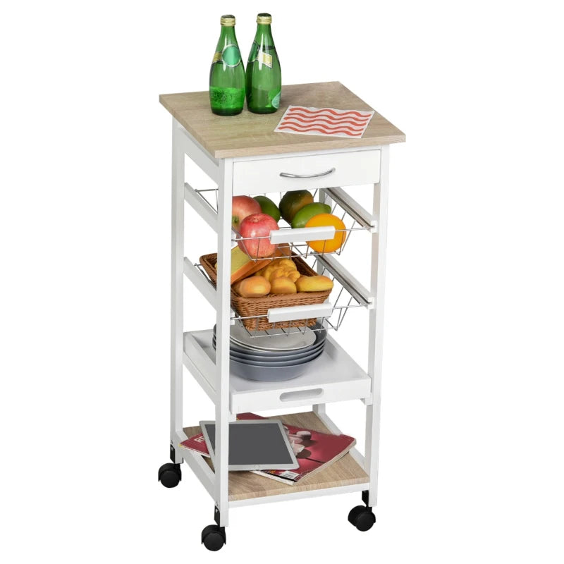 HOMCOM Mobile Rolling Kitchen Island Trolley for Home w/ Metal Baskets Trays Shelves Wheels Compact Stylish Storage White