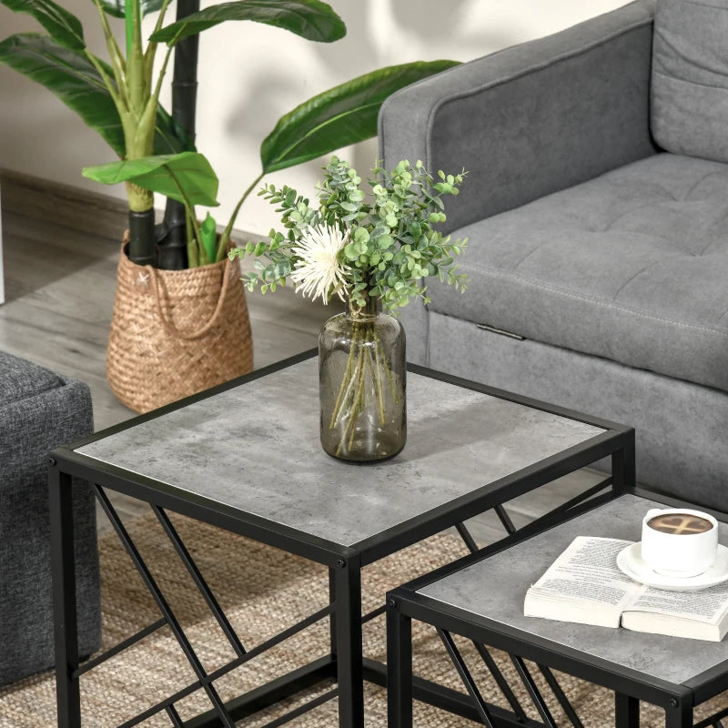 HOMCOM Set of 3 Nest of Tables Square Side Tables with Metal Frame, Grey